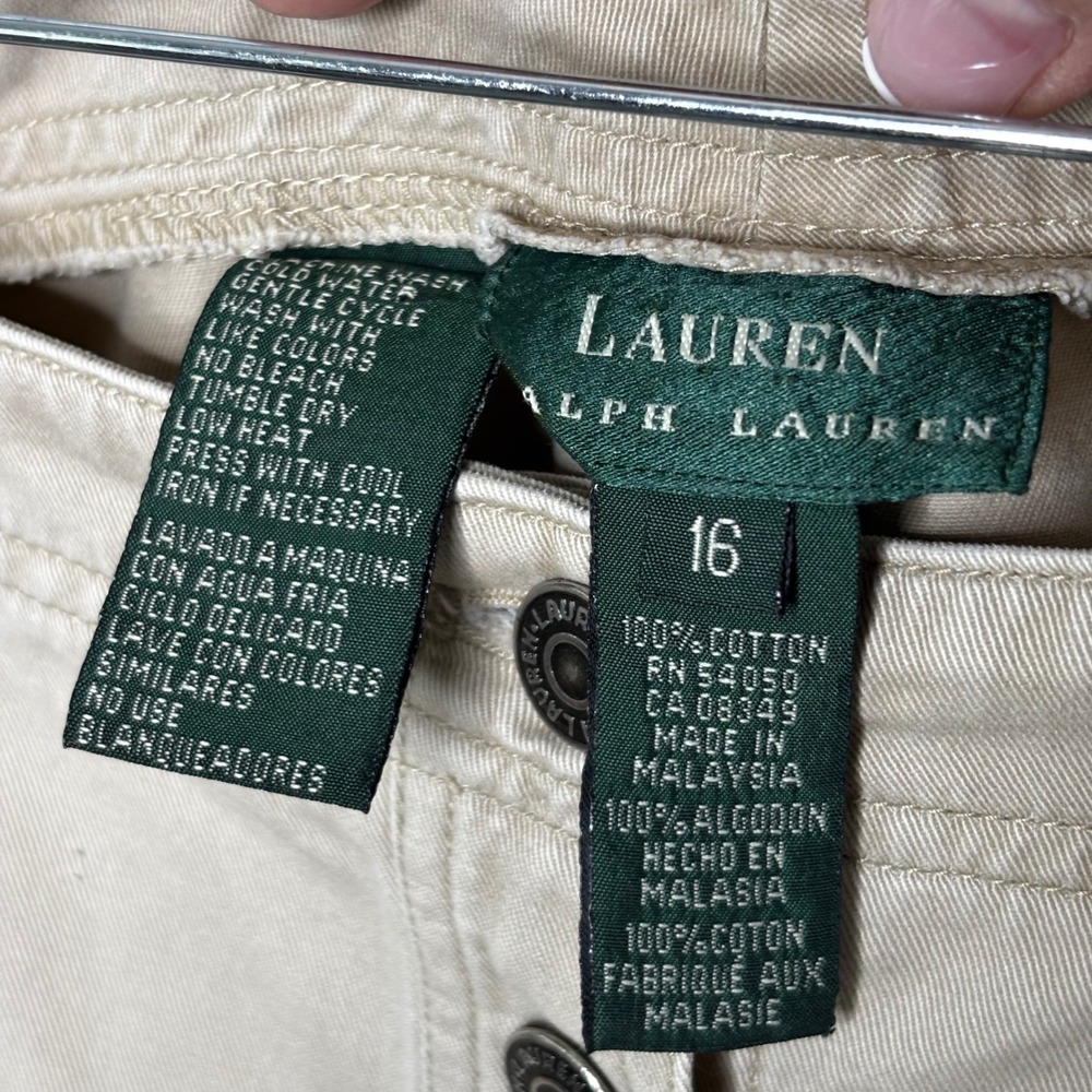 Y2K Lauren Ralph Lauren Cotton Button Front Midi Skirt Size 16 Khaki Cinch Side - Picture 10 of 11
